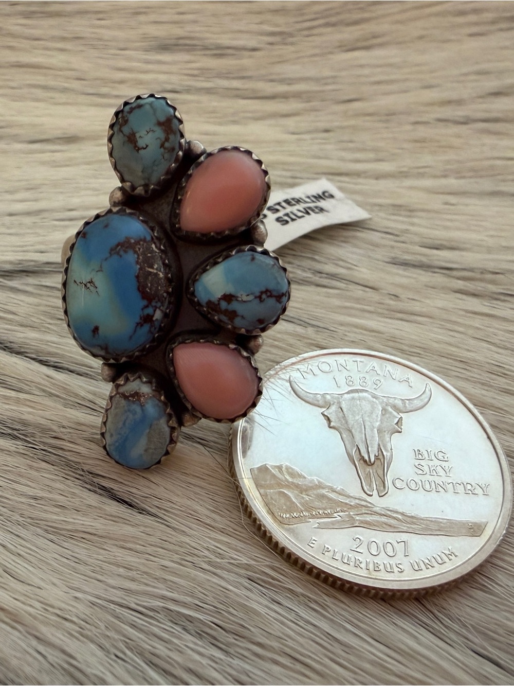 ❤️ Pink Conch & Golden Hills Turquoise Half Cluster Adj Sterling Statement Ring - Picture 6 of 13